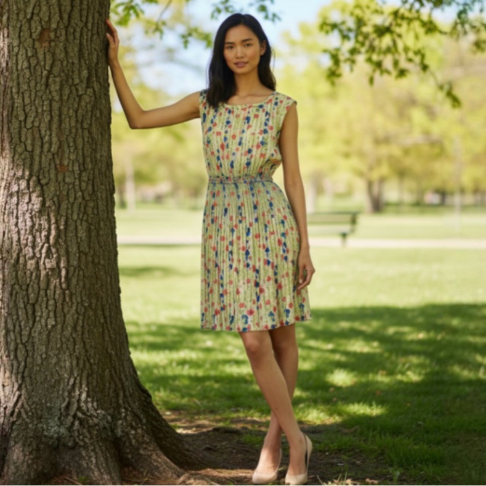 Yoana Baraschi Pleated Meadowlight Floral Dress by Anthropologie Size Medium
